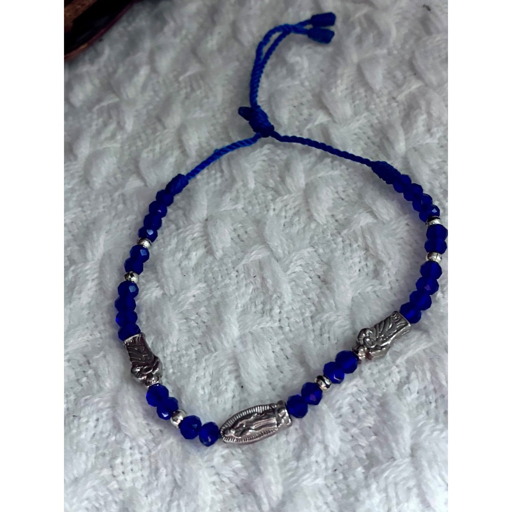 Blue Beaded Virgin Mary Bracelet Adjustable Religious Boho Catholic Jewelry